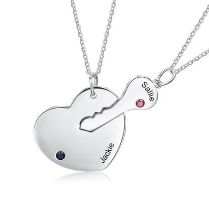 Personalized Key & Heart Necklace Set - 2 Engravings + 2 Birthstones (2 Colors)