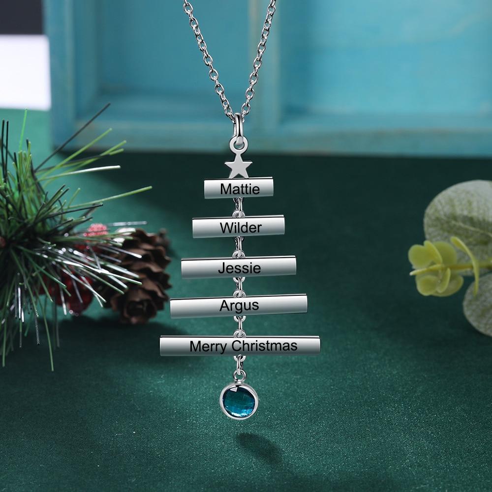 Personalized Name Bar Christmas Tree Necklace - 1 Birthstone & 1-5 Engravings