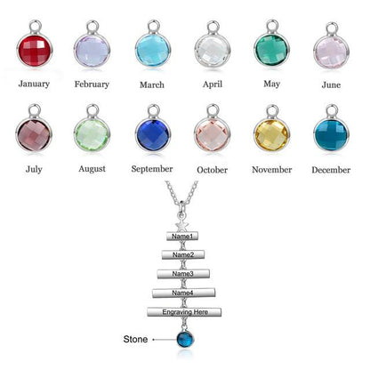 Personalized Name Bar Christmas Tree Necklace - 1 Birthstone & 1-5 Engravings