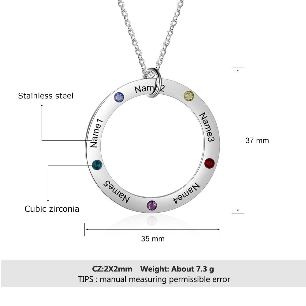 Personalized Names Circle Necklace - 5 Birthstones + 5 Engravings