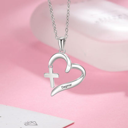 Personalized Religious Christian Cross & Heart Necklace - 1 Engraving