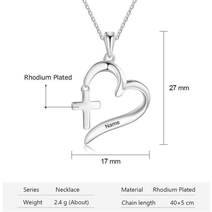 Personalized Religious Christian Cross & Heart Necklace - 1 Engraving