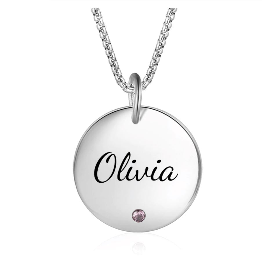 Personalized Round Pendant Necklace - 1 Engraving & 1 Birthstone