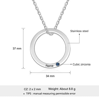 Personalized Silver Circle Necklace - 1 Birthstone + 1 Engraving