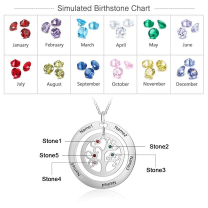 Personalized Tree of Life Family Necklace - 2-9 Birthstones & Engravings