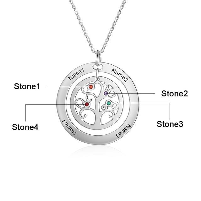 Personalized Tree of Life Family Necklace - 2-9 Birthstones & Engravings