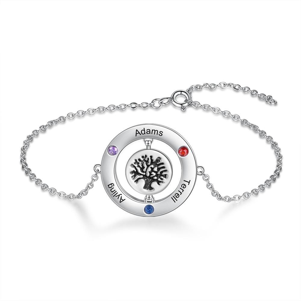 Personalized Tree of Life Womens Bracelet - 4 Engravings + 3 Birthstones