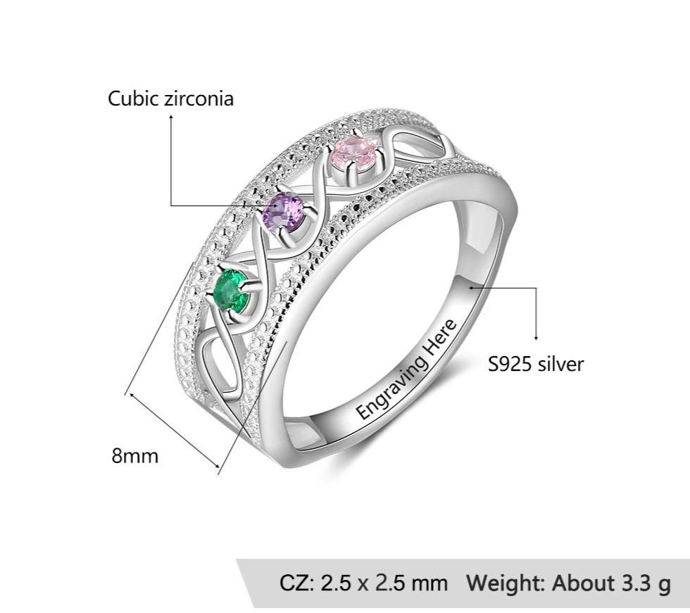 Princess 925 Sterling Silver Womens Ring - 3 Birthstones & 1 Engravings
