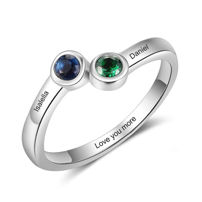Personalized Double Stone 925 Sterling Silver Womens Ring - 3 Engravings + 2 Birthstones