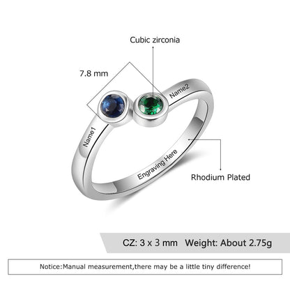 Personalized Double Stone 925 Sterling Silver Womens Ring - 3 Engravings + 2 Birthstones