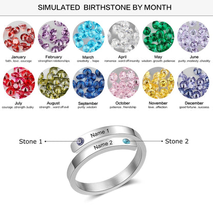 Personalized Double Wrap Womens Ring - 2 Engravings + 2 Birthstones