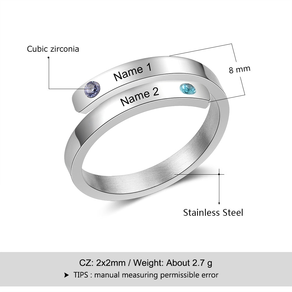 Personalized Double Wrap Womens Ring - 2 Engravings + 2 Birthstones