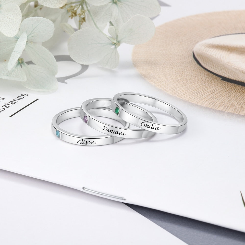 Personalized Stackable 925 Sterling Silver Womens Rings (3 Piece/Set) - 1 Engraving & Birthstone (per ring)
