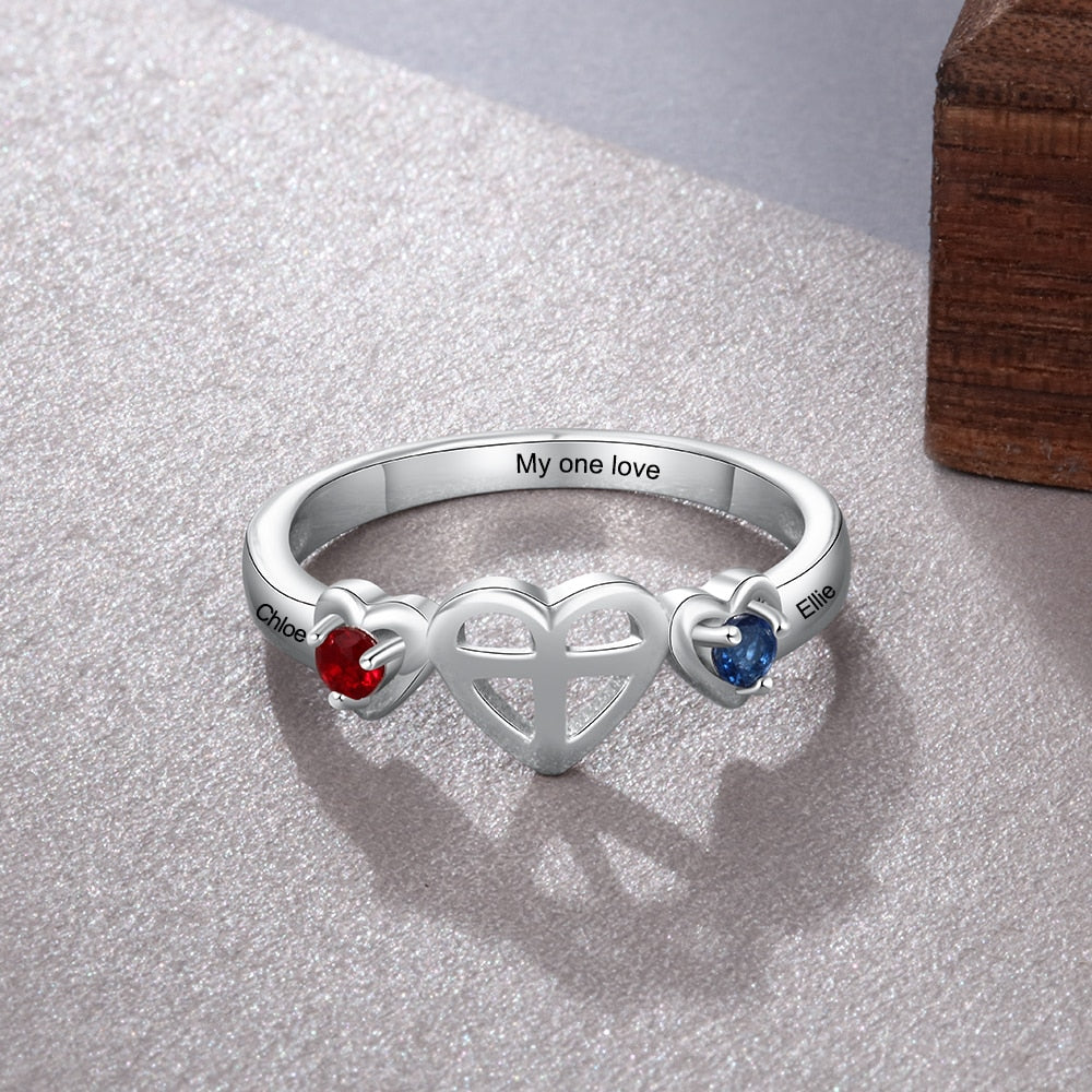 Celtic Cross Love Heart 925 Sterling Silver Womens Ring - 3 Engravings + 2 Birthstones