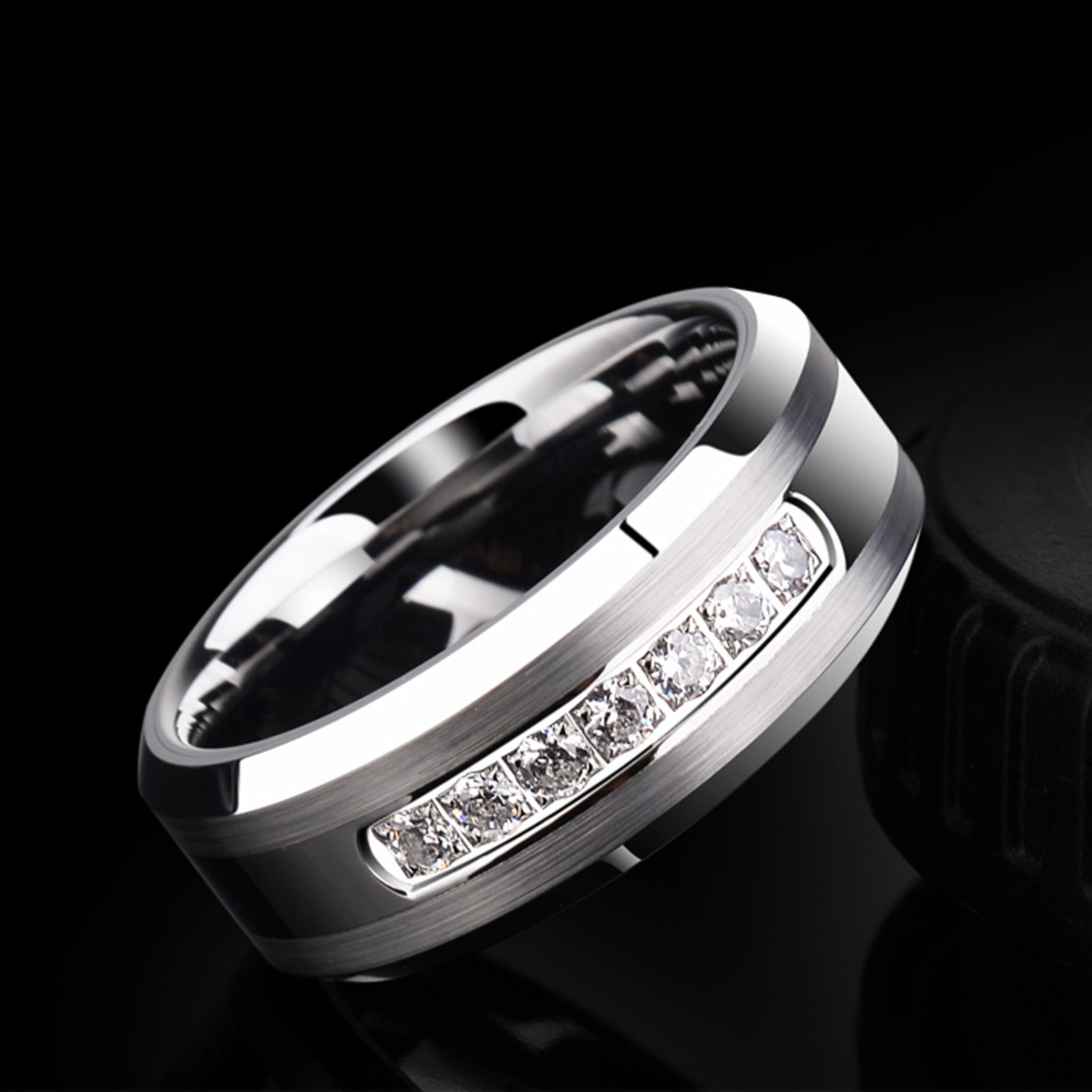 8mm Cubic Zirconias Inlay Silver Tungsten Mens Ring