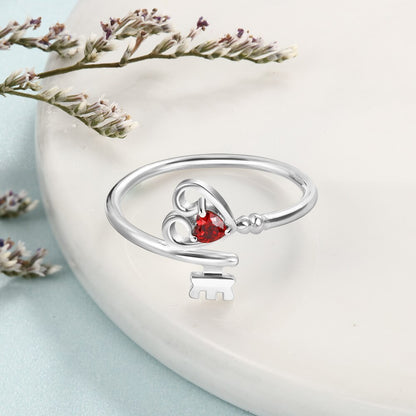 Personalized Heart Key 925 Sterling Silver Womens Ring - 1 Birthstone