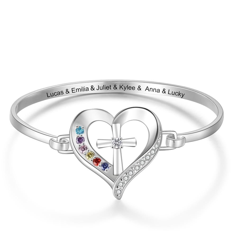 Personalized Christian Cross Heart Bracelet - 6 Name Engravings + 6 Birthstones