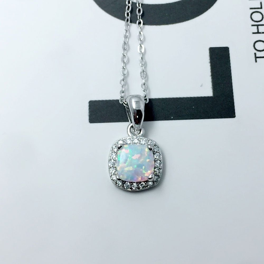 Square Imitation Opal & Sterling Silver Necklace (2 Colors)