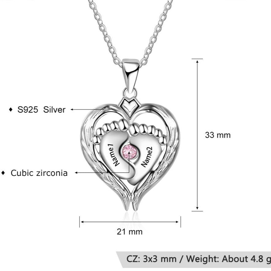 Personalized Children's Feet Wrapped In Heart Angel Wings - 2 Engravings + 1 Birthstone