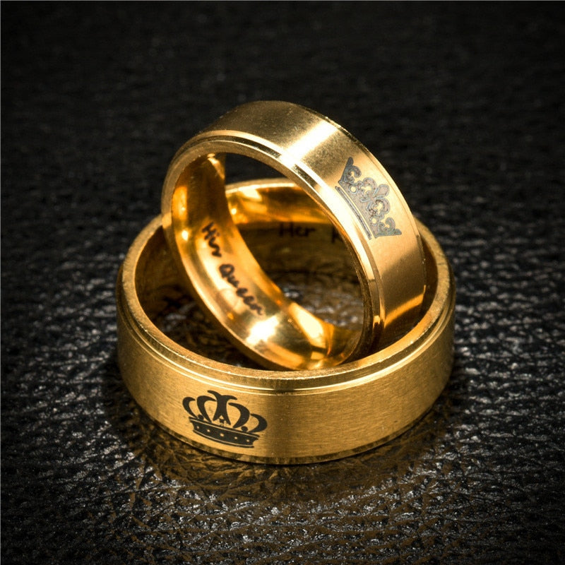 Her King & His Queen Matte Brushed Gold Color Couples Rings