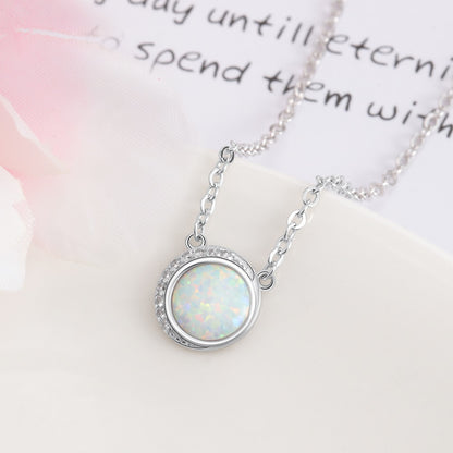 Round White Imitation Opal 925 Sterling Silver Necklace