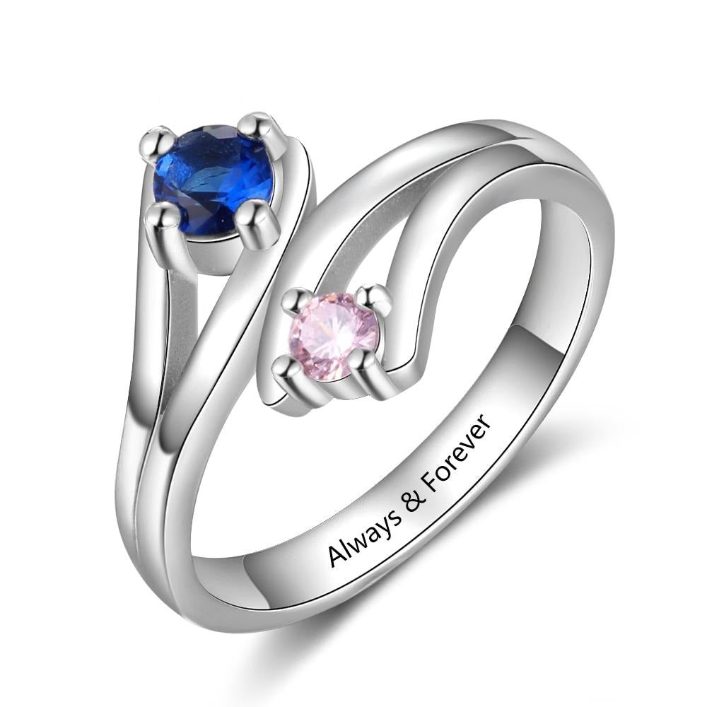 Personalized 925 Sterling Silver Womens Ring - 1 Engraving + 2 Birthstones