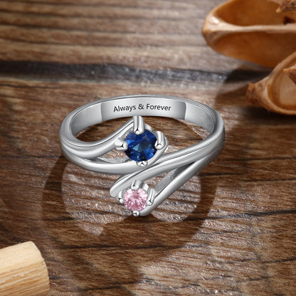 Personalized 925 Sterling Silver Womens Ring - 1 Engraving + 2 Birthstones