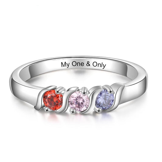 Personalized 3 Round Stones Womens Ring - 1 Engravings + 3 Birthstones