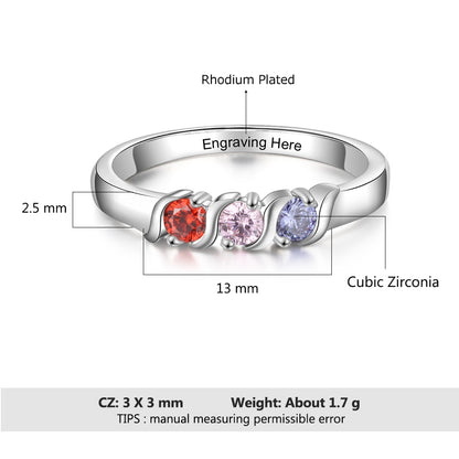 Personalized 3 Round Stones Womens Ring - 1 Engravings + 3 Birthstones
