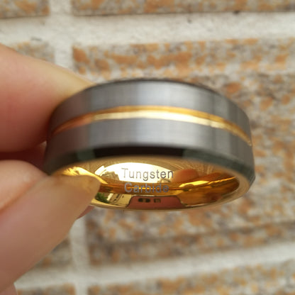 8mm Silver & Gold Color Groove Tungsten Mens Ring