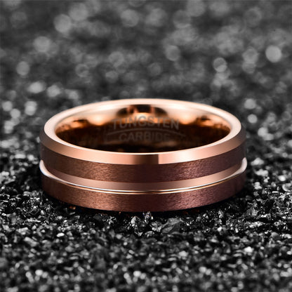 8mm Coffee & Rose Gold Tungsten Mens Ring