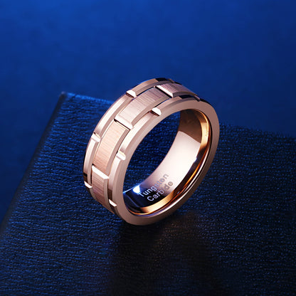 8mm Rose Gold Brick Pattern Tungsten Mens Ring