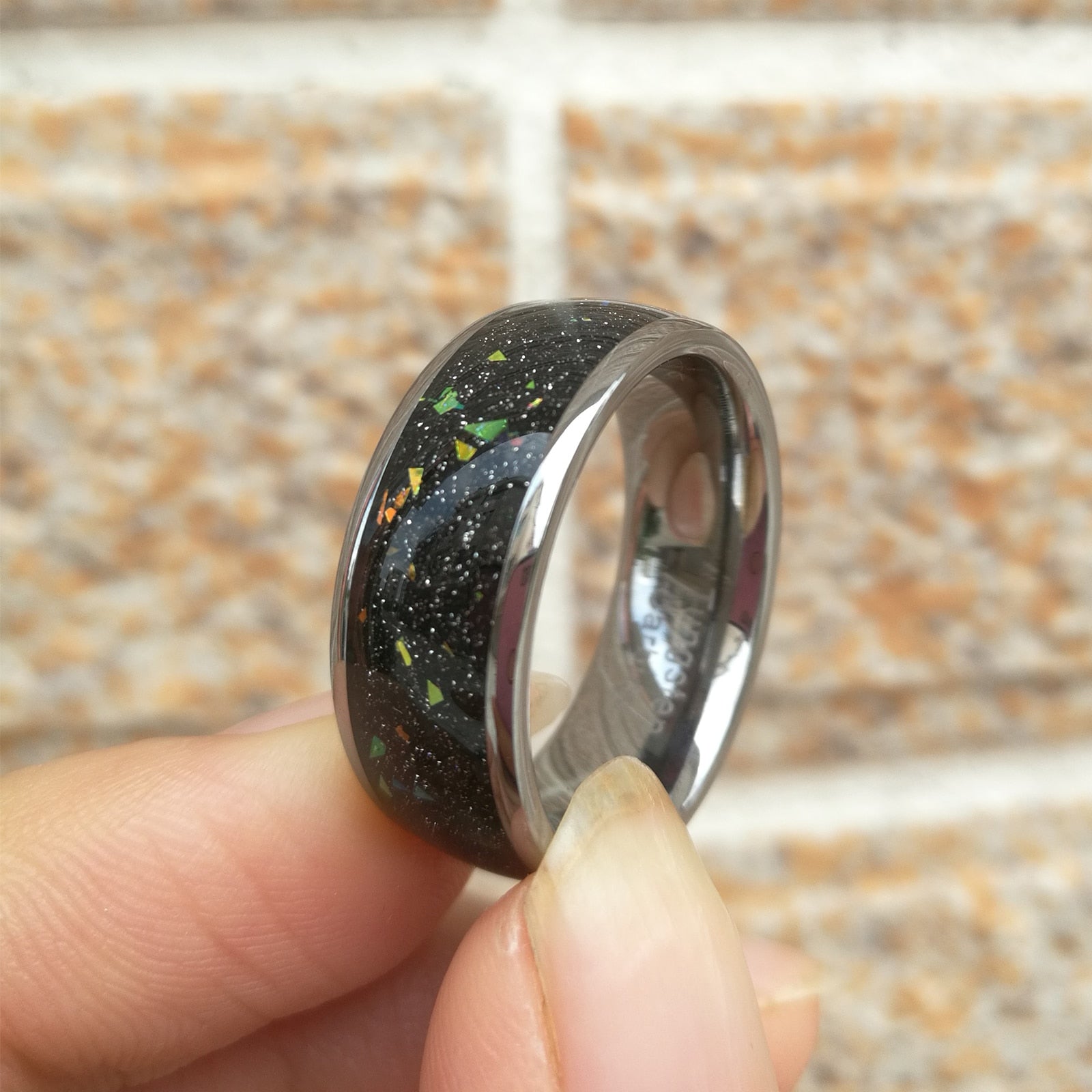 8mm Colorful Fragments Inlay Black Tungsten Unisex Ring