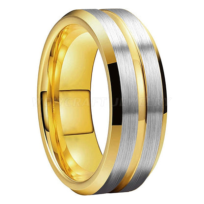 8mm Gold and Silver Brushed Tungsten Mens Ring