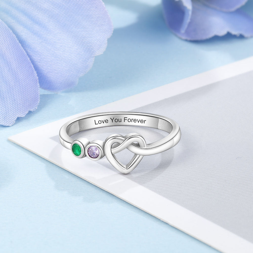 Personalized Infinity Heart Knot Womens Ring - 2 to 4 Birthstones + 1 Engraving