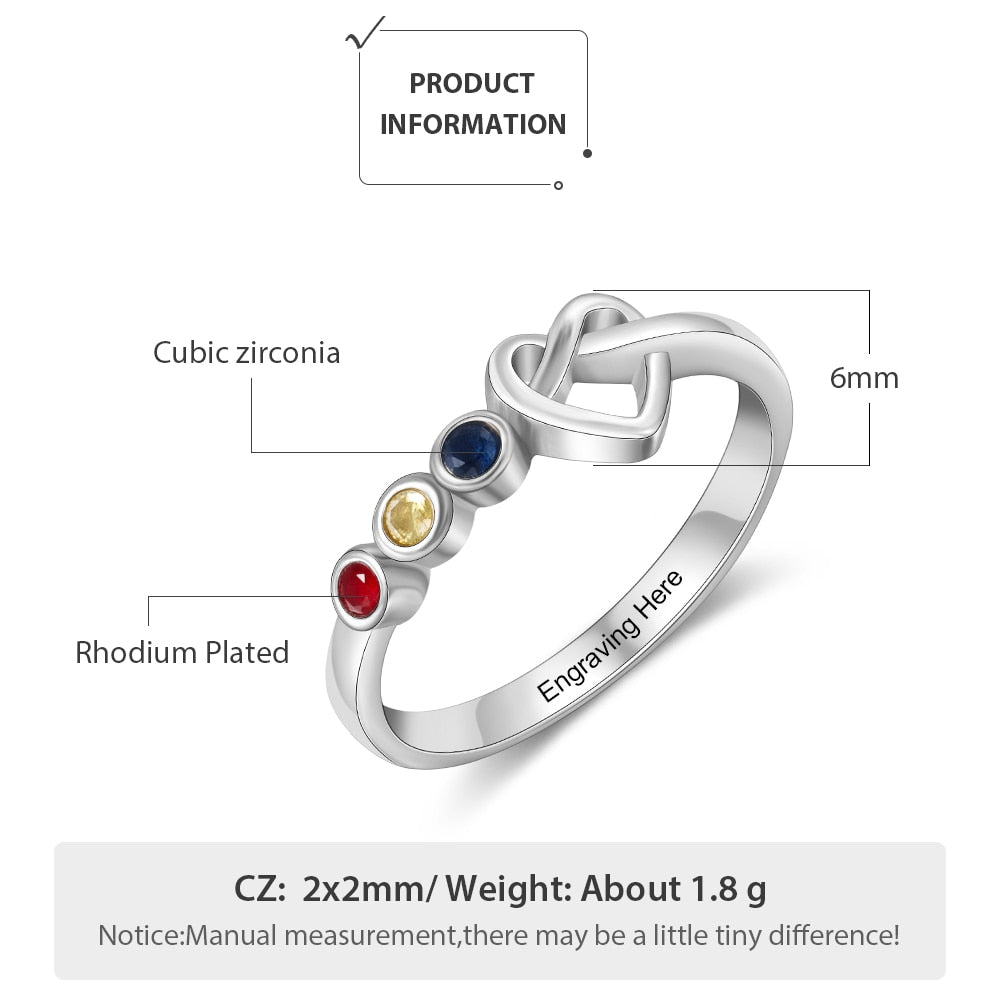 Personalized Infinity Heart Knot Womens Ring - 2 to 4 Birthstones + 1 Engraving