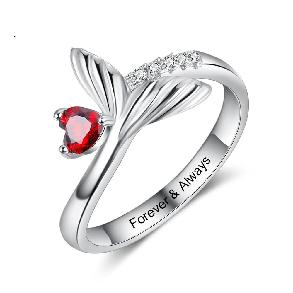Personalized Mermaid Tail & Heart Stone Womens Rings - 1 Engraving + 1 Heart Birthstone