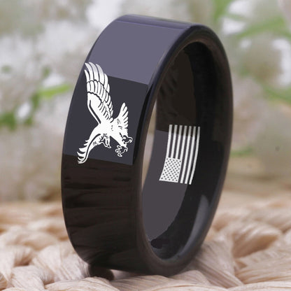 Patriotic American Eagle With USA Flag Tungsten Black Unisex Ring