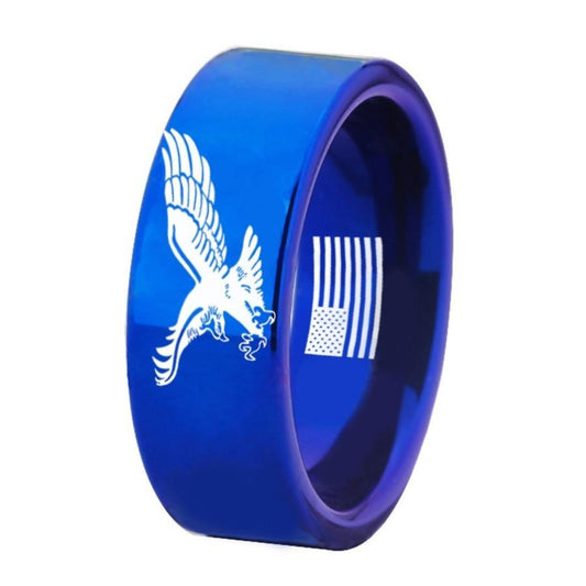 Patriotic American Eagle With USA Flag Tungsten Blue Unisex Ring