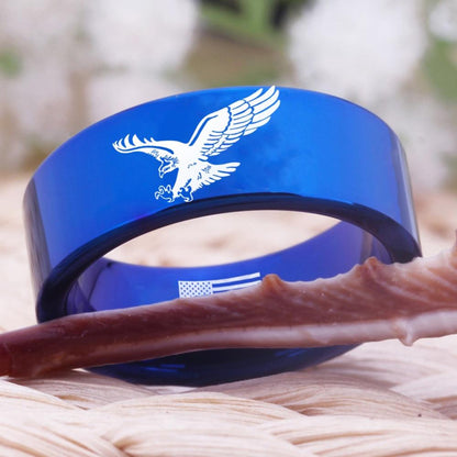 Patriotic American Eagle With USA Flag Tungsten Blue Unisex Ring