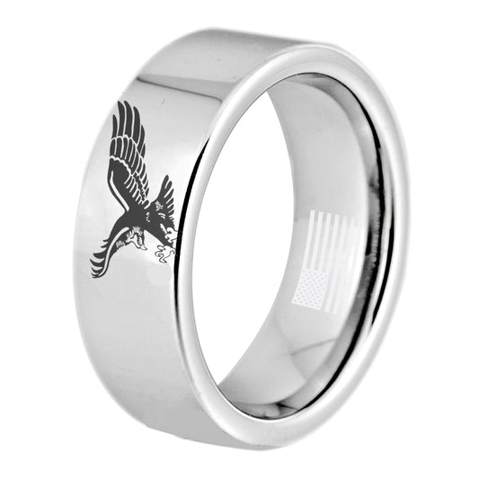Patriotic American Eagle With USA Flag Tungsten Silver Unisex Ring