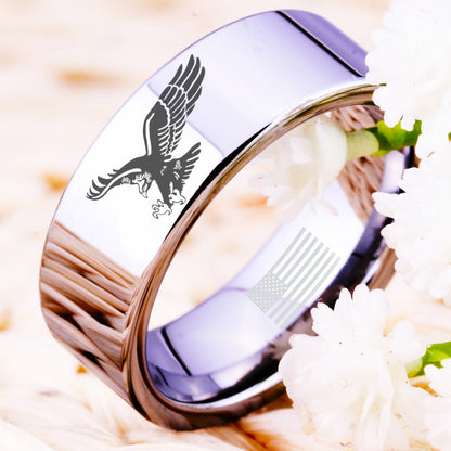 Patriotic American Eagle With USA Flag Tungsten Silver Unisex Ring