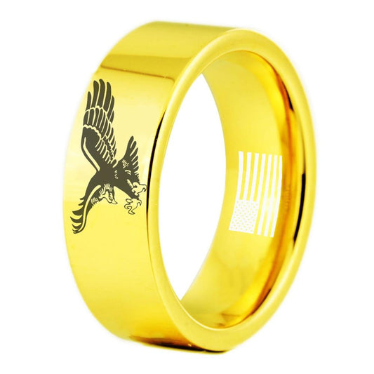 Patriotic American Eagle With USA Flag Tungsten Gold Unisex Ring