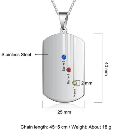 Personalized Dog Tag Pendant Necklace - 3 Engravings + 3 Birthstones