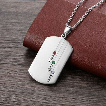Personalized Dog Tag Pendant Necklace - 3 Engravings + 3 Birthstones