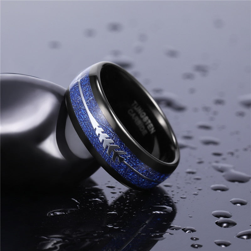 8mm Silver Arrow Blue & Black Tungsten Mens Ring