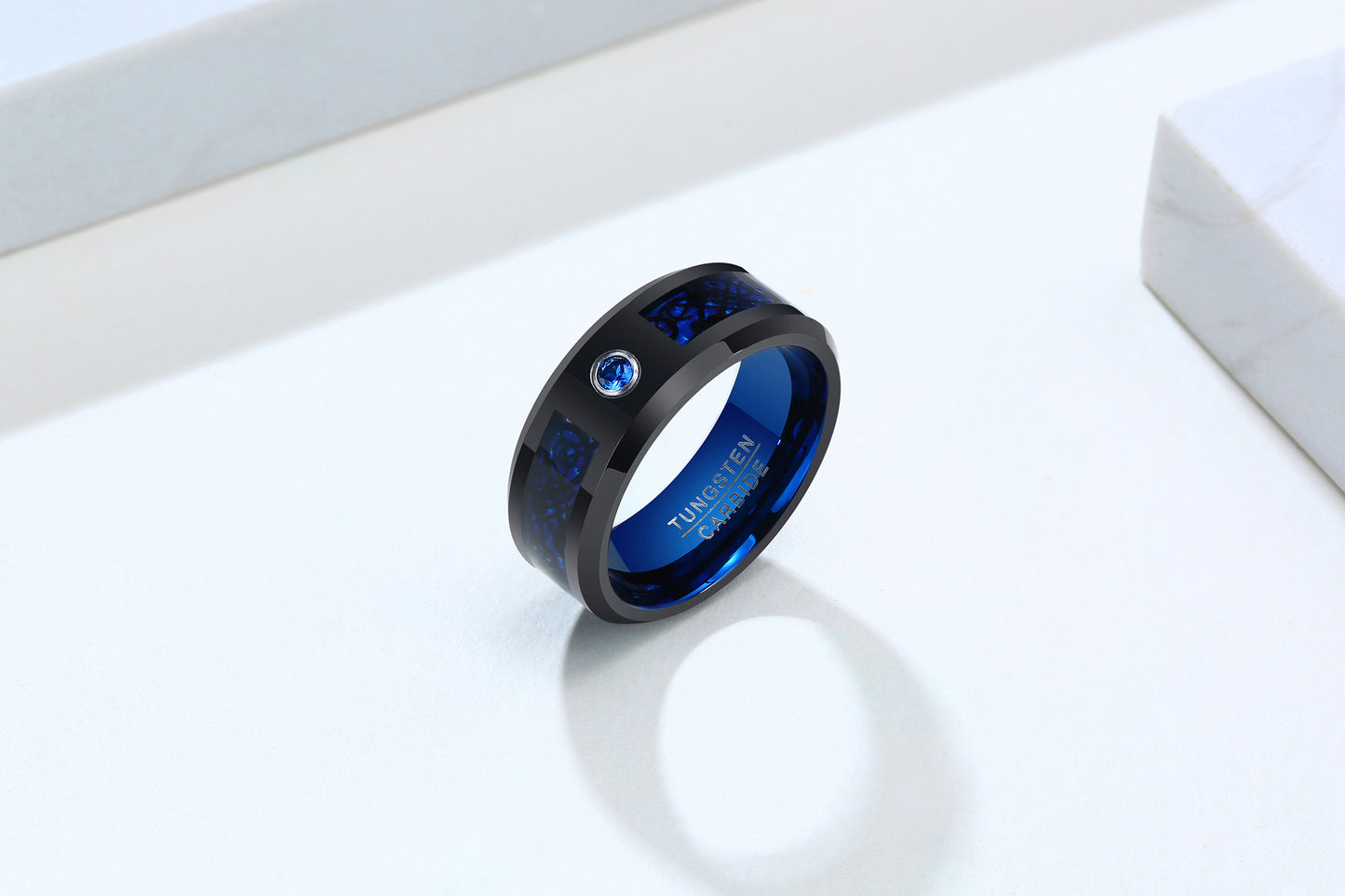 8mm Black & Blue Simulated Diamond Tungsten Men's Ring