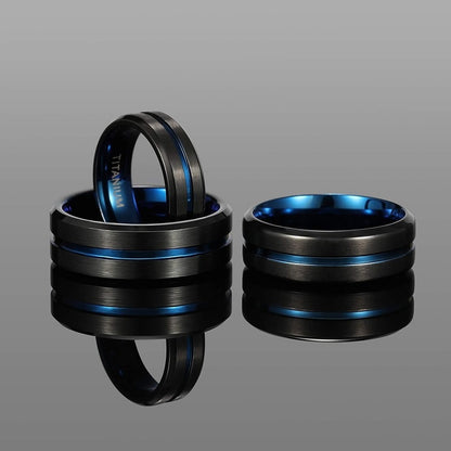 8mm Blue Inlay & Matte Brushed Black Unisex Rings