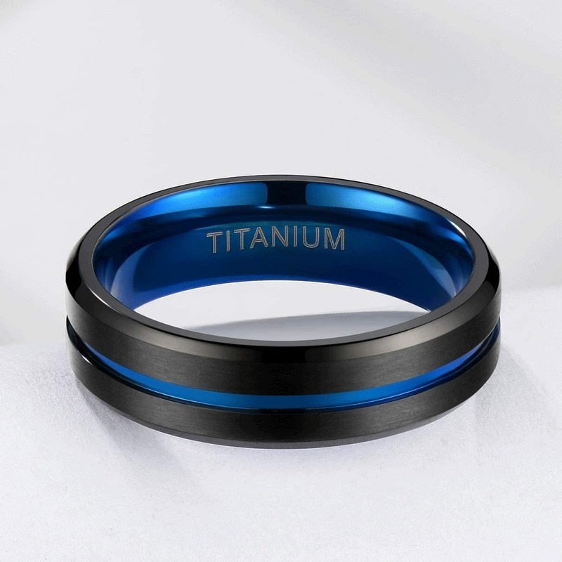 6mm Black & Blue Centre Groove Matte Titanium Unisex Rings