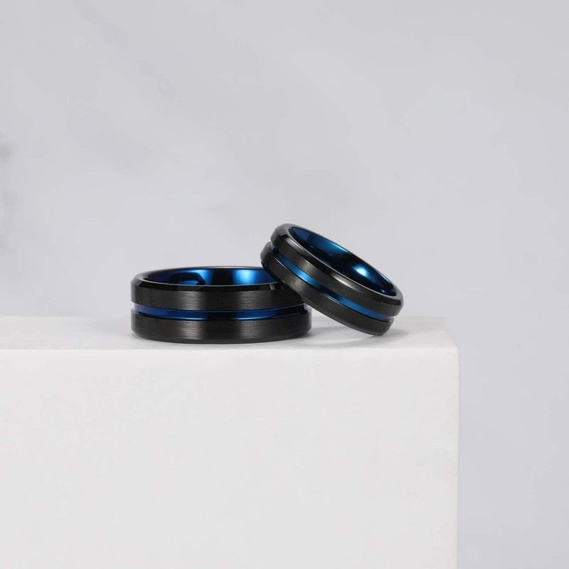 8mm Blue Inlay & Matte Brushed Black Unisex Rings